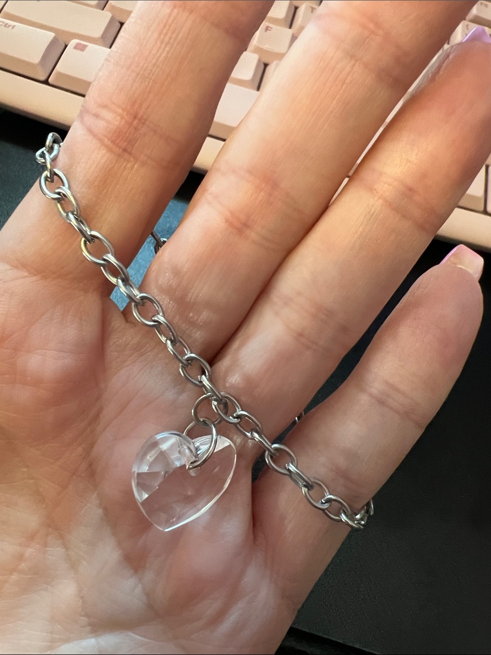 Clear Crystal Heart Charm Bracelet in Silver Tone